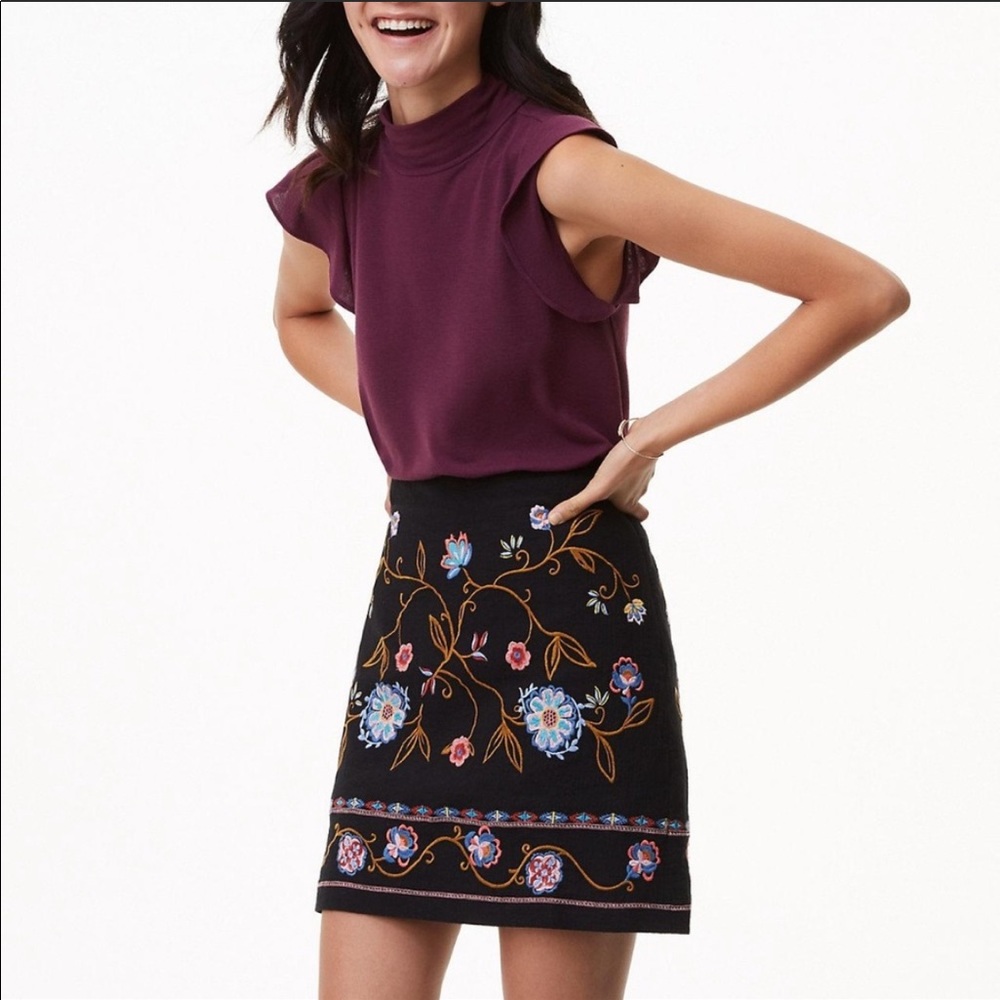 LOFT embroidered black floral skirt, size 4
